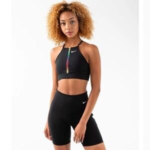 Nike Dri-FIT Indy Rainbow Tape High Neck Sports Bra and Biker Shorts Set Black L